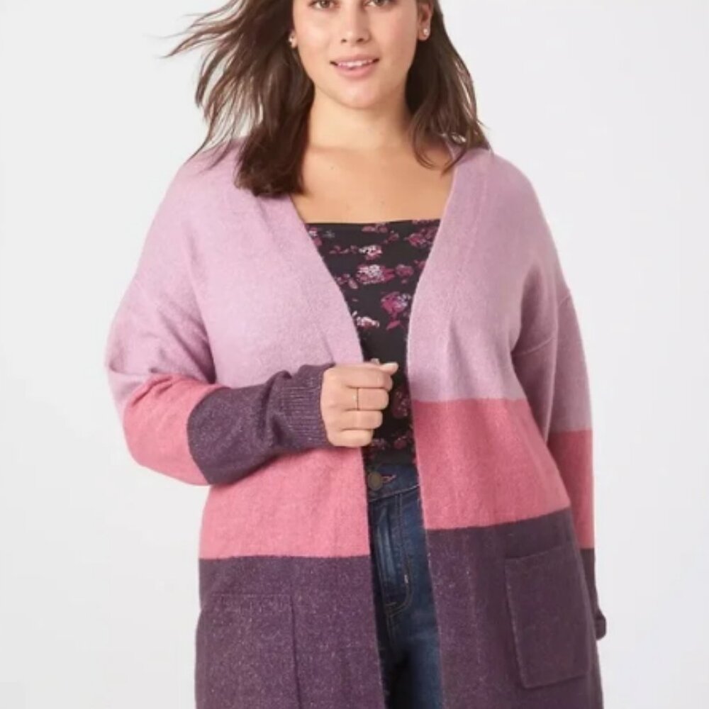 Lane Bryant Classic Long-Sleeve Open-Front Cardigan Pink Purple Stripe 14/16
